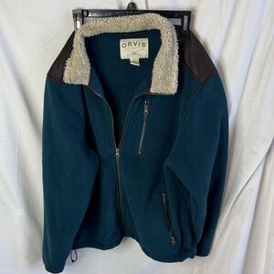 Orvis Teal Fleece Jacket with Cream Sherpa Collar and Brown Accents